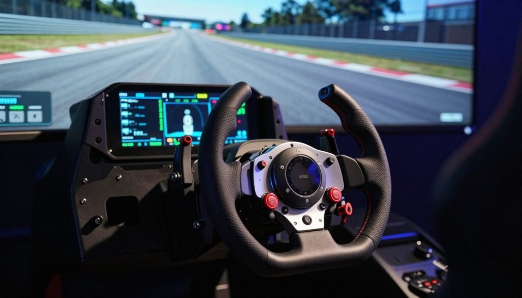 A close-up of a high-tech racing wheel, showcasing advanced haptic technology integrated with force feedback mechanisms. The foreground features a sleek, modern racing wheel with prominent buttons and a textured grip, highlighting the intricate engineering details. In the middle background, a digital dashboard displays telemetry data and performance metrics, illuminated by vibrant blue and green LED lights, emphasizing a race simulation environment. The background portrays a racing simulator setup, including a large immersive screen showing a dynamic racetrack, with soft focus to draw attention to the wheel. The lighting is dynamic, mimicking the exhilaration of a racing atmosphere, casting shadows that enhance the wheel's features, evoking a sense of speed and innovation in sim racing.