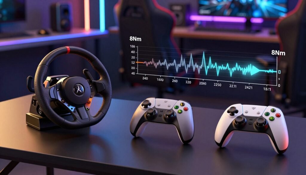 A detailed comparison of force feedback gaming peripherals displayed on a sleek, modern gaming desk. In the foreground, three gaming devices are showcased: a high-end force feedback racing wheel, a mid-tier joystick, and a budget-friendly game controller, all lit with soft, warm LED lighting to highlight their features. In the middle section, a dynamic diagram illustrates the varying force feedback strength, labeled with technical specifications including '8Nm' prominently. The background features a blurred gaming setup with ambient neon lights, creating an immersive gaming atmosphere. The scene is captured from a slightly elevated angle, showcasing the devices in a professional, well-organized manner. The mood conveys excitement and technological innovation, inviting viewers to explore the differences in force feedback strength across different tiers.