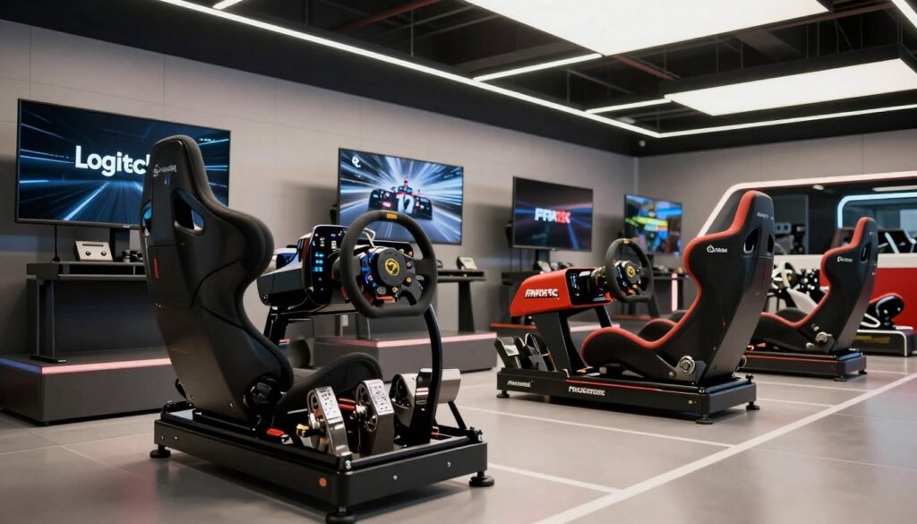 A detailed comparison of top sim racing cockpit brands displayed in a sleek, modern showroom. In the foreground, a variety of high-end racing cockpits are showcased, featuring various steering wheels, pedals, and ergonomic seats designed for ultimate immersion. The middle ground includes detailed branding elements, clearly recognizable logo designs from leading brands such as Logitech, Fanatec, and Thrustmaster. The background is a stylish, industrial-style interior with dynamic lighting, creating an exciting atmosphere reminiscent of an F1 garage. Use a low angle to emphasize the cockpit features, and ensure soft, ambient lighting highlights the materials and textures. The overall mood should be high-energy and inviting, catering to racing enthusiasts eager to explore top-tier options.