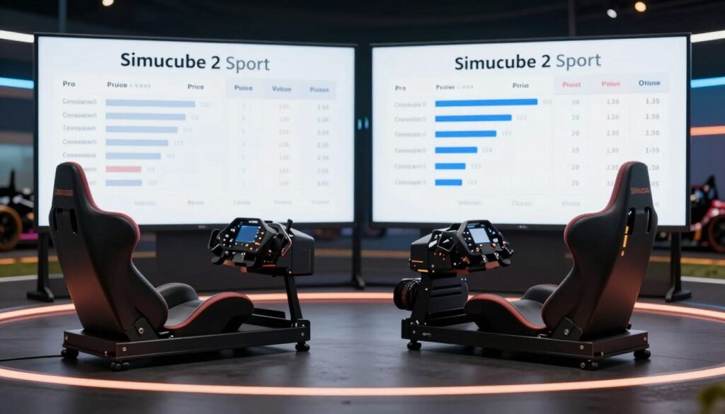 A detailed composition showcasing a side-by-side comparison of sim racing gear, specifically the Simucube 2 Sport and Pro models, arranged on a sleek racetrack-themed surface. In the foreground, there are close-up shots of both gear models, highlighting their unique features and designs with precise labeling. The middle section includes detailed charts or graphs indicating the price and value metrics associated with each model, using a professional layout. The background features an out-of-focus racing simulator setup with ambient lighting that suggests a high-tech atmosphere. The overall mood is analytical and professional, evoking a sense of serious evaluation. The lighting is soft and even, emphasizing the gear without harsh shadows, captured from a slightly elevated angle to provide depth and context.