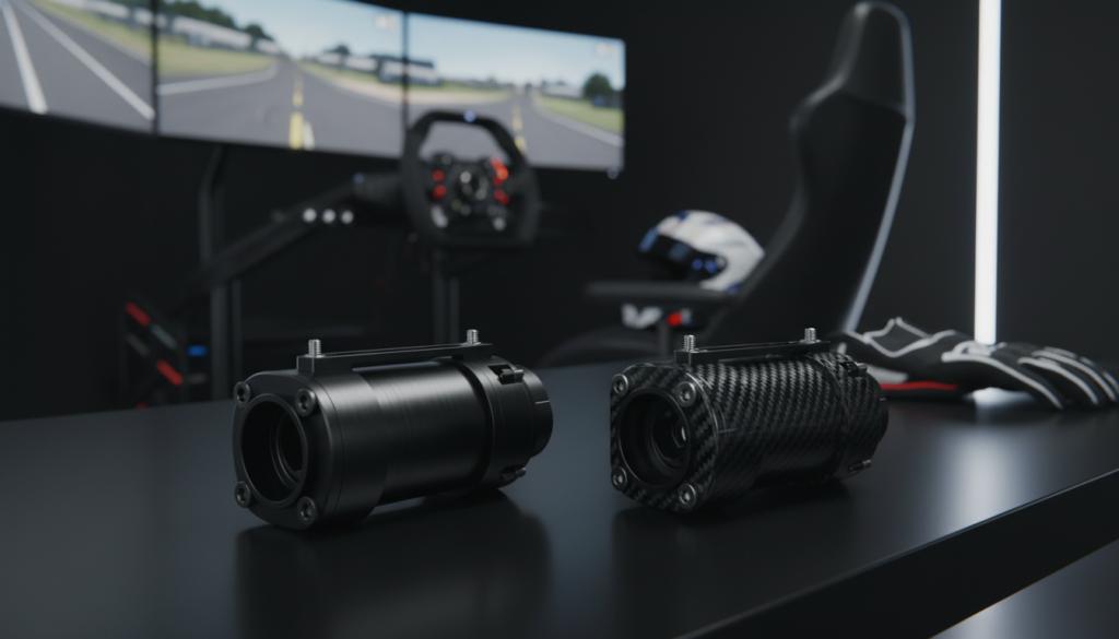 A detailed scene showcasing the design aesthetics and build quality of two quick release systems, focusing on the Fanatec QR2 and Moza Quick Release. In the foreground, prominently display both quick release units on a sleek black surface, highlighting their contrasting materials—anodized aluminum for Fanatec and carbon fiber for Moza—under soft diffused lighting that enhances their textures. The middle ground features a blurred background of an upscale racing simulator setup, with a hint of racing gear subtly placed, creating an immersive atmosphere. Use a low angle to emphasize the robustness and sophistication of both units, capturing reflections and details. The mood should convey professionalism and reliability, inviting a closer examination of the craftsmanship and aesthetic appeal of the quick release systems.