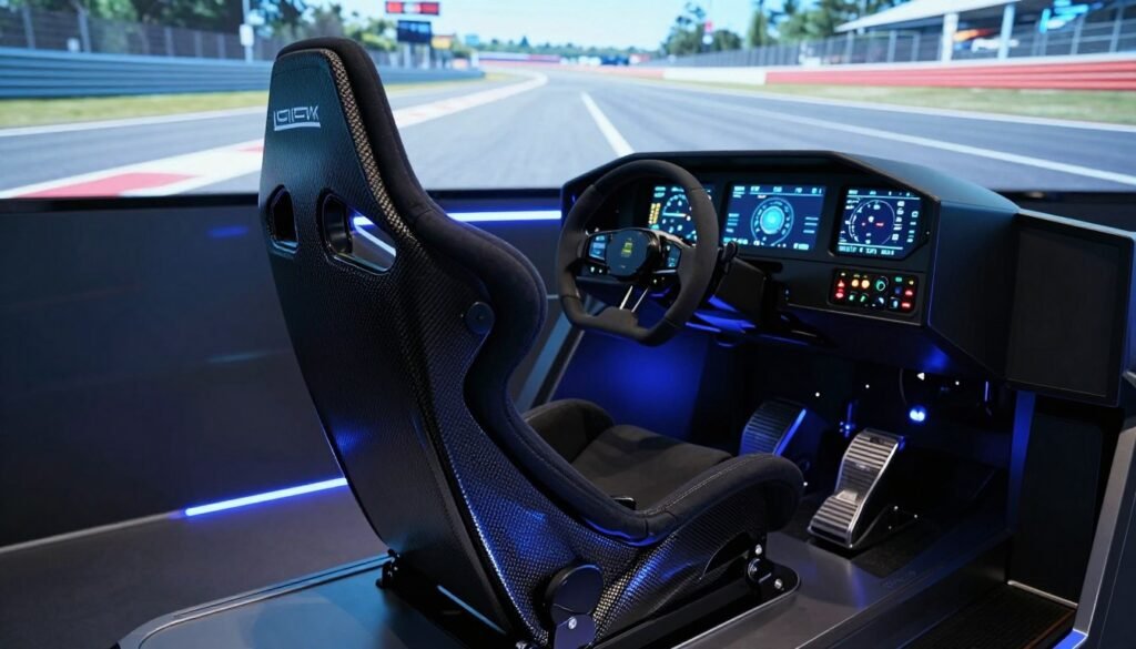A detailed view of an ergonomic racing seat positioned within a high-tech F1 simulator cockpit. The seat features advanced lumbar support and side bolsters, designed for optimal posture and comfort during intense racing sessions. The cockpit is illuminated with a soft blue ambient light, highlighting the sleek dashboard filled with digital displays, gauges, and racing controls. In the foreground, focus on the racing seat with its lightweight carbon fiber construction. In the middle ground, the steering wheel and foot pedals can be seen, completing the racing setup. The background shows a virtual racetrack displayed on a curved screen, creating an immersive environment. The overall mood is intense and thrilling, evoking the excitement of competitive racing while emphasizing ergonomic design elements.
