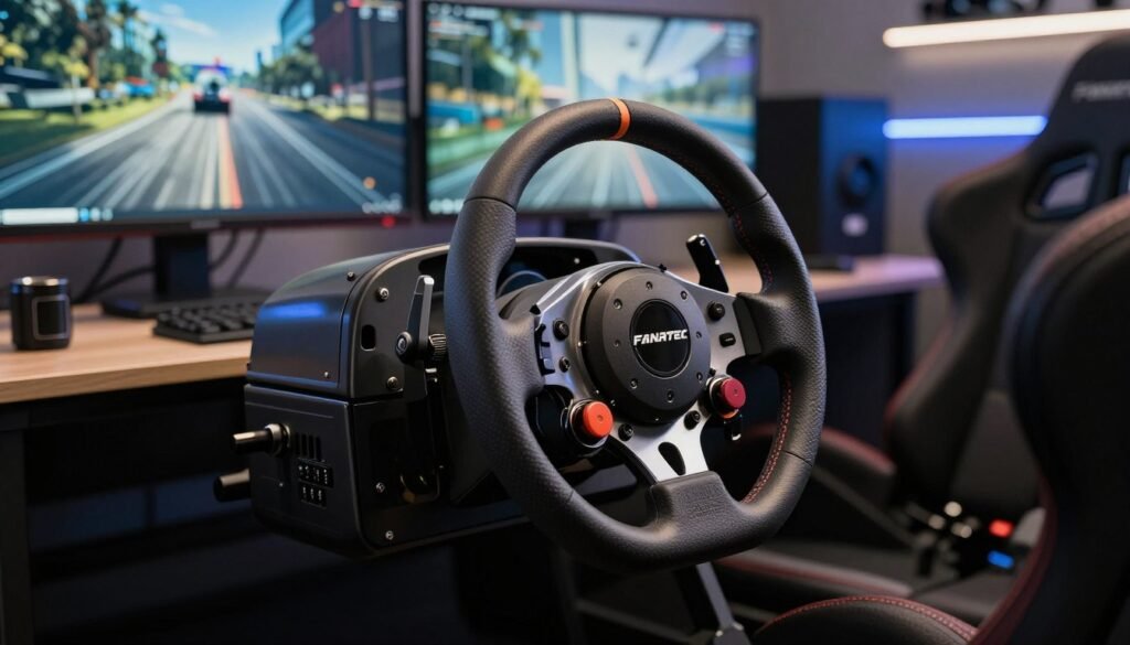 A high-quality, realistic image of a Fanatec racing wheel prominently displayed in the foreground, showcasing its sleek design and intricate details such as buttons, grips, and branding. The middle ground features a well-lit racing simulator setup, including a racing seat and other accessories, creating a cohesive environment. In the background, a blurred but stylish gaming room or garage enhances the atmosphere, adding depth without distracting from the fanatec wheel. Soft, diffused lighting accentuates the textures of the wheel, with a slight spotlight to draw attention to its features. The overall mood should convey professionalism and excitement, ideal for racing enthusiasts considering the purchase of high-value equipment.