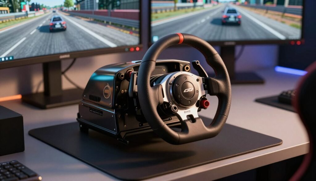 A high-quality sim racing wheelbase prominently displayed on a sleek, modern desk in an ergonomic gaming setup. The wheelbase features a robust, metallic chassis showcasing its premium build quality, with visible intricate machinery, polished surfaces, and stylish branding. Soft ambient lighting highlights the contours and textures of the wheelbase, while a focused spotlight accentuates its craftsmanship. The desk is adorned with a racing simulator setup in the background, including a high-resolution screen displaying an iRacing scene, creating an immersive atmosphere. Capture the image from a slightly elevated angle, emphasizing the sleek design and performance-oriented nature of the product, conveying a sense of excitement and professionalism in the sim racing world. The overall mood is dynamic and sophisticated, ideal for illustrating premium racing technology.