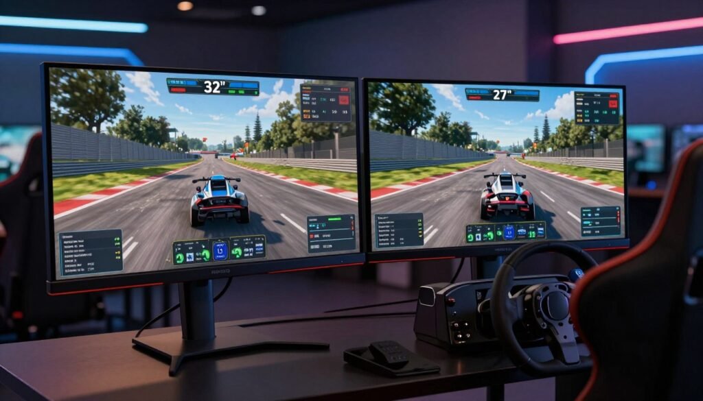 A side-by-side comparison of sim racing monitors, showcasing a vibrant 32-inch monitor next to a sleek 27-inch monitor, both displaying detailed graphics of racing simulations. The monitors exhibit different resolution standards, with visible pixel density differences that highlight sharpness. In the foreground, a close-up focuses on the monitor settings and resolution details, with realistic refresh rates labeled subtly on the screens. The middle ground features a modern gaming desk with a steering wheel and pedals, emphasizing a racing setup. The background is softly illuminated, creating a high-tech gaming environment with ambient lighting that evokes excitement. The atmosphere is dynamic yet professional, emphasizing the importance of monitor choice in sim racing.