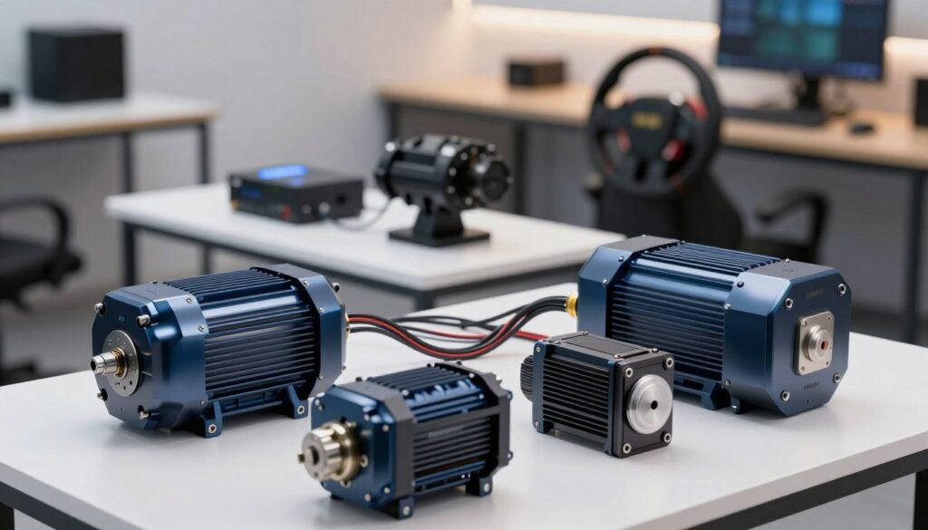 A sleek, high-end direct drive motor setup prominently featured in a well-lit environment, showcasing advanced components like the Simucube and Asetek systems. In the foreground, focus on the glossy, high-tech motors with intricate details, cables neatly organized. In the middle ground, display an elegant table integrated with simulation equipment and a racing wheel, hinting at high-performance applications. The background features a blurred, modern workspace with soft ambient lighting, emphasizing a professional atmosphere. The scene captures a sense of innovation and precision, evoking excitement about the direct drive ecosystem. Use a shallow depth of field with a soft focus on the background while keeping the motors sharply in focus, creating a dynamic yet approachable mood.