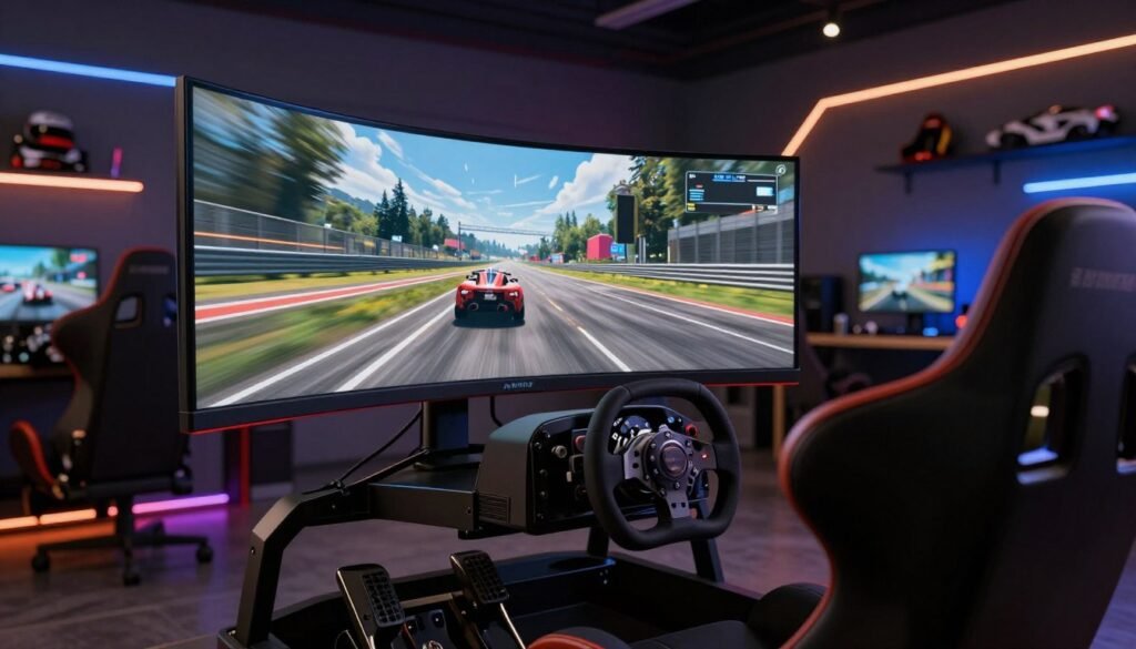 A sleek, modern curved monitor designed for sim racing dominates the foreground, its vibrant display showcasing a high-speed racing simulation with dynamic visuals. The monitor is positioned on an elegant racing simulator cockpit, complete with a racing wheel and pedals. In the middle ground, soft ambient lighting creates a tech-savvy atmosphere, accentuating the curves of the monitor. In the background, a dimly lit room filled with racing-themed memorabilia and subtle LED lights adds depth and a sense of immersion. The scene is shot from a slightly low angle, emphasizing the monitor's impressive design and the excitement of virtual racing. The overall mood is intense and energetic, embodying the thrill of competitive sim racing.