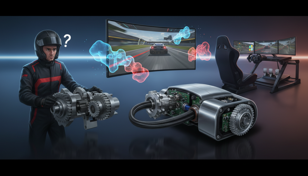 A visually striking illustration of the misconceptions surrounding direct drive technology in sim racing. In the foreground, a sleek, modern direct drive wheelbase features intricate mechanical details and wiring, showcasing its advanced engineering. To the left, a confused racer dressed in professional sim racing attire examines a gear drive system, highlighting the contrast between the two technologies. In the middle, a dynamic scene of sim racing, with a digital overlay that subtly hints at common myths and misconceptions—like noise levels and cost—without using any text. The background displays a high-tech racing simulator setup, illuminated by soft, ambient lighting, adding depth. The atmosphere is informative yet engaging, inviting the viewer to learn about direct drive technology. Use a slightly elevated angle to emphasize the complexity of the equipment.