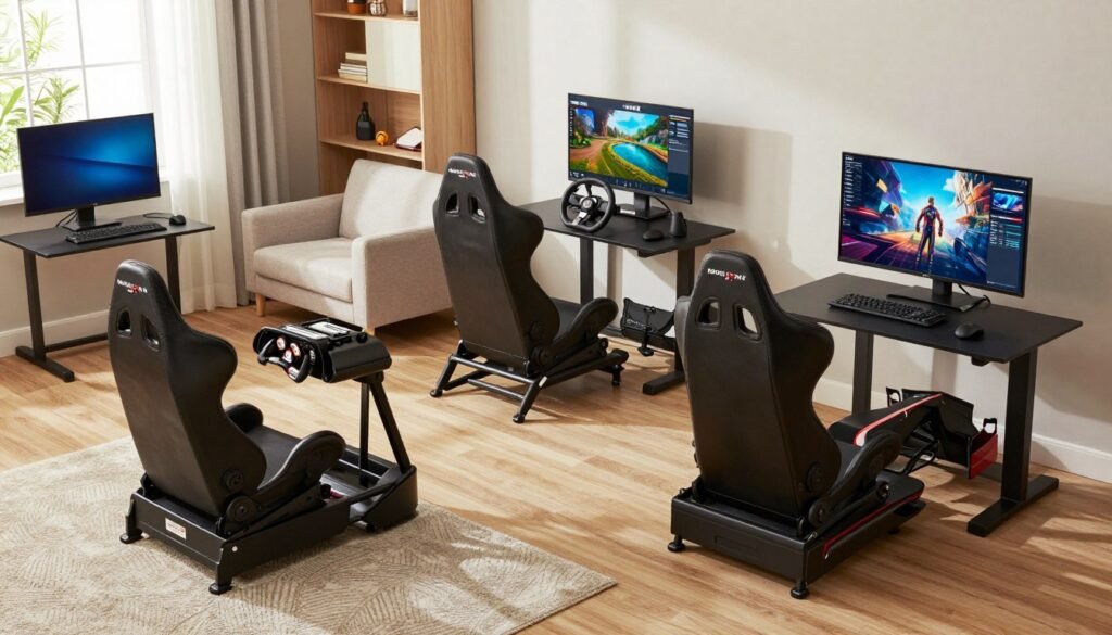 All three foldable cockpits in use with different racing setups showing their versatility