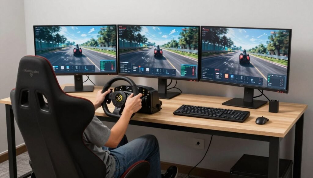 Create an image of a sim racing setup with three monitors