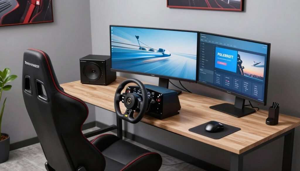 Generate an image of a sim racing setup with a super ultrawide monitor