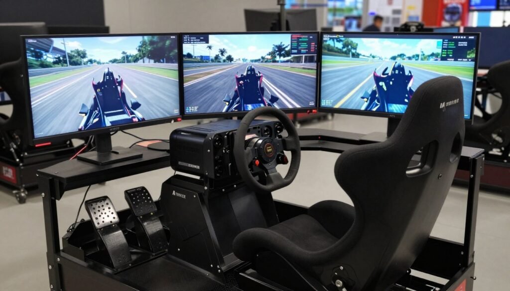 Image of a sim racing cockpit with different monitor configurations
