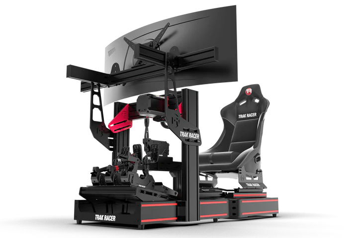 TrakRacer TR120S V2 Racing Simulator in black — sleek compact aluminum cockpit with above-average adjustability for budget home sim racing builds