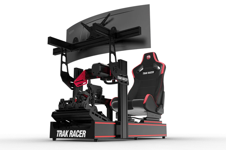 TrakRacer TR160 V5 Racing Simulator in black — larger profile aluminum cockpit with motion platform compatibility and modular upgrade options