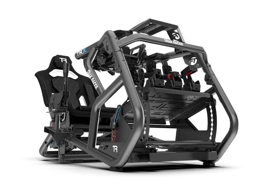 TrakRacer Racing TRX V2 sim racing cockpit in black — premium Formula and GT dual-position aluminum rig for home simulators