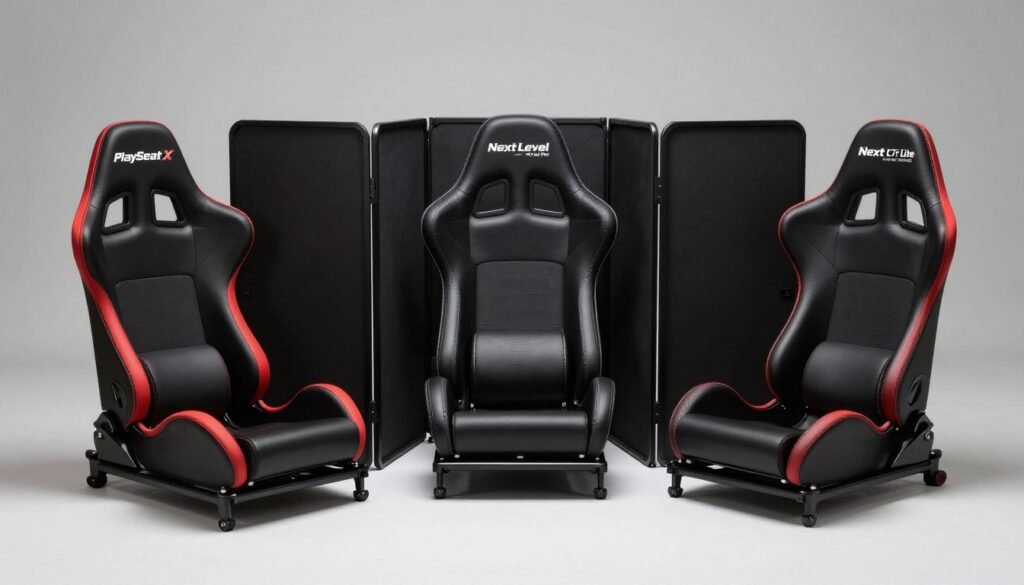 Three foldable sim racing cockpits side by side showing the Playseat Challenge X, Next Level Racing GTLite Pro, and Next Level Racing F-GT Lite