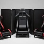 Three foldable sim racing cockpits side by side showing the Playseat Challenge X, Next Level Racing GTLite Pro, and Next Level Racing F-GT Lite