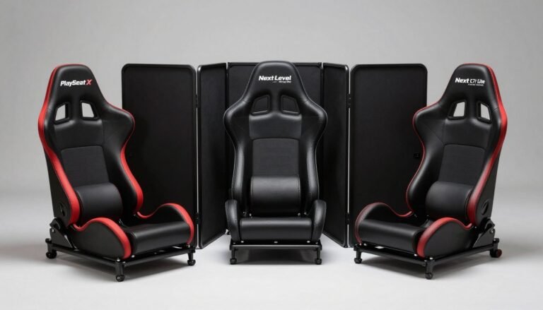 Three foldable sim racing cockpits side by side showing the Playseat Challenge X, Next Level Racing GTLite Pro, and Next Level Racing F-GT Lite