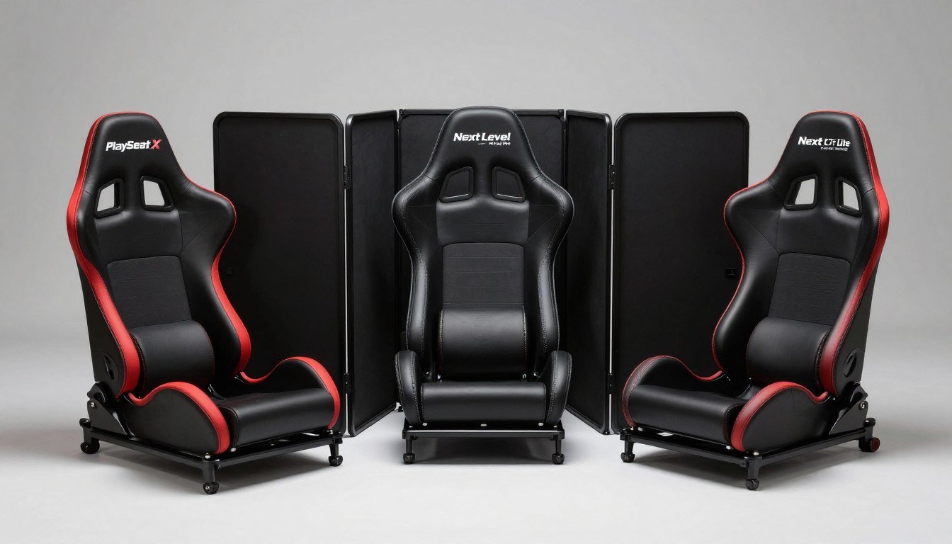 Three foldable sim racing cockpits side by side showing the Playseat Challenge X, Next Level Racing GTLite Pro, and Next Level Racing F-GT Lite