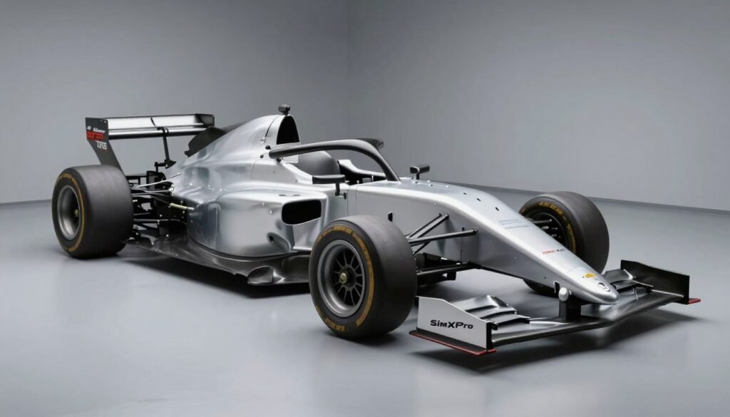 A SimXPro FR formula rig constructed with high-quality European aluminum extrusion profiles in a minimalist racing room.