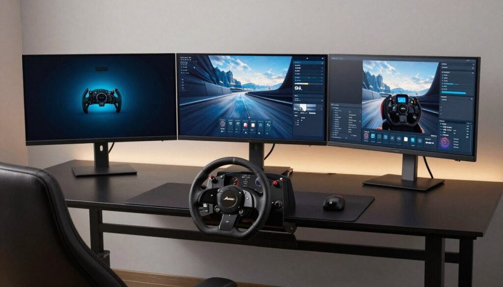 A clean, high-end sim racing setup with three large monitors and a professional wheelbase in a modern, dimly lit room.