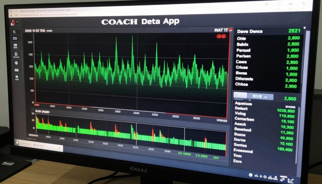 A close-up of a computer monitor displaying the Coach Dave Delta App with colorful telemetry graphs, brake trace lines, and throttle input data for a GT3 car.