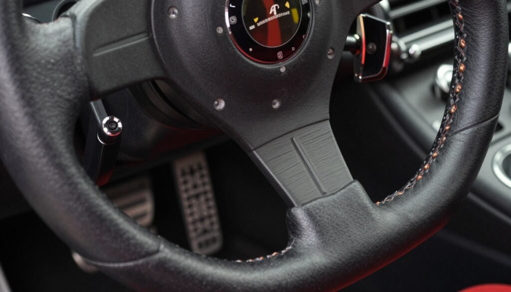 A close-up of a force feedback steering wheel with pedals, showing leather textures and metal paddle shifters on a sturdy mounting base.
