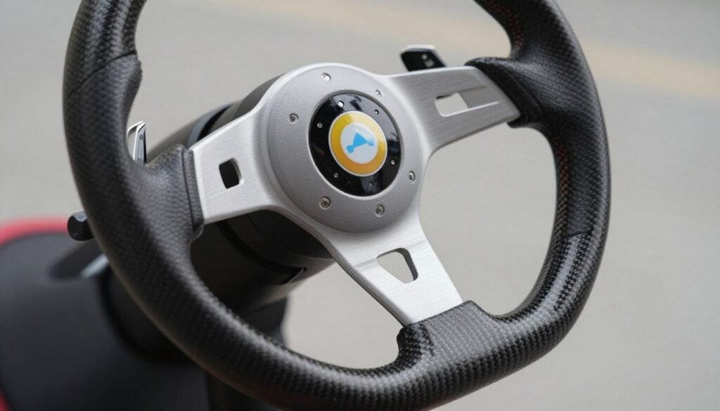 A close-up shot of a modern direct drive wheel base for beginners with a sleek formula-style steering wheel attached, highlighting the carbon fiber textures.