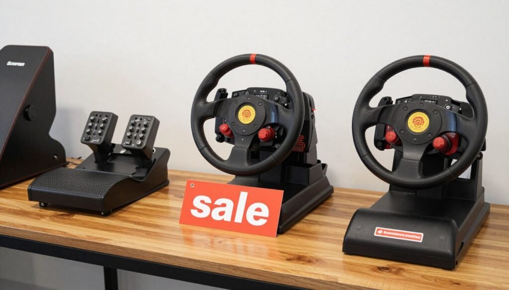 A collection of refurbished sim racing equipment including a steering wheel and pedals laid out neatly on a wooden table with a "sale" tag.