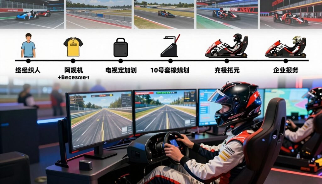 A detailed illustration showcasing the career path of a professional sim racer. In the foreground, a focused young man in a sleek racing helmet and professional racing attire navigates a high-tech racing simulator, surrounded by monitors displaying virtual racetracks. In the middle ground, a timeline graph visually illustrates the progression from a beginner level, featuring basic equipment and casual clothing, to intermediate stages with upgraded gear and competitive events, culminating in the professional tier showcasing sponsorship logos and advanced technology. The background features various racing scenes, like popular racetracks and esports competitions, with dynamic lighting highlighting each stage of the career. The overall mood is aspirational and energetic, symbolizing determination and success in the sim racing world.
