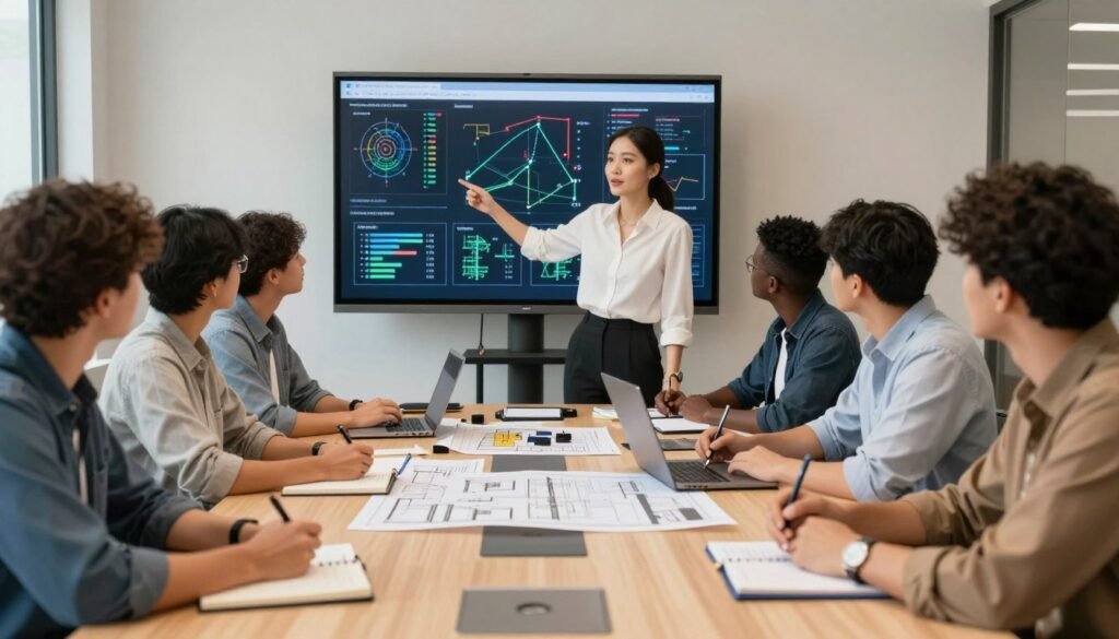 A diverse group of professionals gathered around a modern conference table discussing engineering strategies, with a large screen displaying technical data in the background. In the foreground, a confident female engineer in professional attire gestures towards the screen, engaging her attentive colleagues, who are taking notes. The middle ground features various engineering tools and blueprints laid out on the table, conveying a dynamic and innovative atmosphere. Soft, natural lighting illuminates the room, providing a warm and inviting feel, while a wide-angle view captures the collaborative spirit. The overall mood is focused and forward-thinking, heavily emphasizing teamwork and the search for new engineering talent.