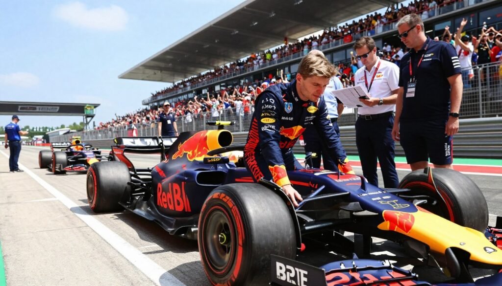 A dynamic Formula 1 scene featuring Verstappen's Red Bull Racing Team at a vibrant racetrack during a sunny day. In the foreground, an intense moment captures Verstappen in full racing gear, focused and determined as he leans against his sleek, blue and red race car adorned with sponsor logos. In the middle ground, team members in professional attire collaborate, showcasing their innovative strategies with race charts and technology devices. The background showcases a packed grandstand filled with cheering fans, under a bright blue sky, creating a lively atmosphere. Capture the essence of rivalry with distant images of competing teams' cars coming into view, hinting at the competitive spirit of Formula 1. Use natural lighting to highlight the intensity and excitement of the competition, with a slight tilt-angle perspective for added dynamism. A dynamic Formula 1 scene featuring Verstappen's Red Bull Racing Team at a vibrant racetrack during a sunny day. In the foreground, an intense moment captures Verstappen in full racing gear, focused and determined as he leans against his sleek, blue and red race car adorned with sponsor logos. In the middle ground, team members in professional attire collaborate, showcasing their innovative strategies with race charts and technology devices. The background showcases a packed grandstand filled with cheering fans, under a bright blue sky, creating a lively atmosphere. Capture the essence of rivalry with distant images of competing teams' cars coming into view, hinting at the competitive spirit of Formula 1. Use natural lighting to highlight the intensity and excitement of the competition, with a slight tilt-angle perspective for added dynamism.