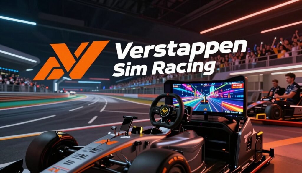 A dynamic and modern visual representation of "Verstappen Sim Racing" rebranding. In the foreground, a sleek racing simulator setup featuring a high-tech racing wheel and pedals, with a digital display showing vibrant race graphics. In the middle, a stylish logo design for Verstappen Sim Racing, incorporating bold colors of orange, black, and white, symbolizing speed and innovation. The background features a futuristic sim racing environment, showcasing illuminated circuit tracks and cheering fans. The lighting is dramatic, casting reflections on glossy surfaces, creating an energetic atmosphere. The perspective is slightly tilted to evoke a sense of motion, enhancing the excitement of virtual racing. Overall, the image should convey professionalism and the thrilling essence of sim racing.