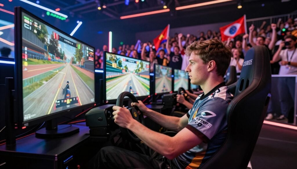 A dynamic scene of Kevin Siggy racing in the esports World Cup, set in a vibrant esports arena filled with cheering fans. In the foreground, Kevin, focused and determined, is wearing a sleek racing jersey emblazoned with logos, seated in a high-tech racing simulator, gripping the steering wheel with intensity. The middle ground features multiple large screens displaying the intense race graphics and live scores, surrounded by colorful LED lights illuminating the atmosphere. In the background, an excited audience, visible in a semi-blurred effect, waves flags and holds banners, enhancing the competitive mood. The lighting is bright and dramatic, capturing the electrifying energy of the event, with a slight spotlight on Kevin's determined expression, shot from a low angle to emphasize the action and engagement.