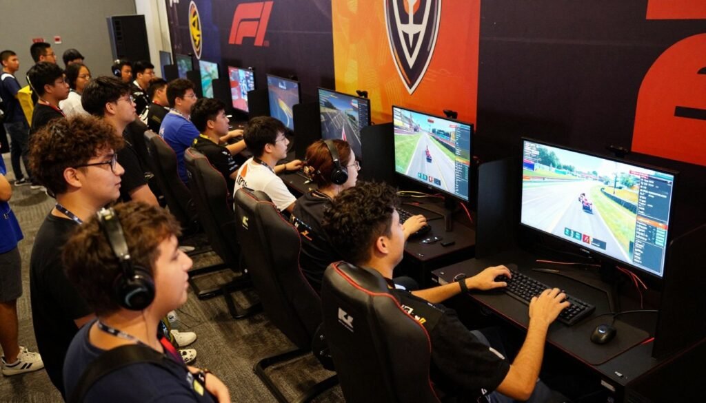 A dynamic scene showcasing a Formula 1 esports community event. In the foreground, a diverse group of enthusiastic fans, dressed in casual esports attire, interacts with a gaming simulator, expressing excitement and camaraderie. In the middle-ground, a high-tech gaming setup is visible, featuring multiple racing rigs with vibrant screens displaying racing footage. Background elements include banners adorned with team logos and vibrant esports graphics. The atmosphere is lively and engaging, with warm lighting highlighting the energy of the event. The angle is slightly elevated, giving a comprehensive view of the community engagement, while capturing the excitement of fan interactions and esports technology. A dynamic scene showcasing a Formula 1 esports community event. In the foreground, a diverse group of enthusiastic fans, dressed in casual esports attire, interacts with a gaming simulator, expressing excitement and camaraderie. In the middle-ground, a high-tech gaming setup is visible, featuring multiple racing rigs with vibrant screens displaying racing footage. Background elements include banners adorned with team logos and vibrant esports graphics. The atmosphere is lively and engaging, with warm lighting highlighting the energy of the event. The angle is slightly elevated, giving a comprehensive view of the community engagement, while capturing the excitement of fan interactions and esports technology.