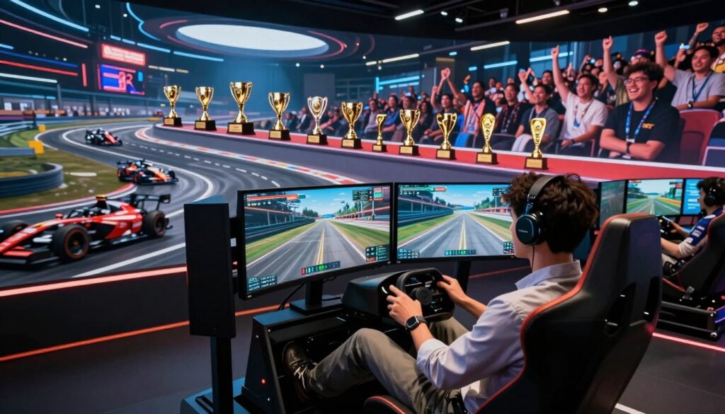 A dynamic scene that captures the concept of a sim racing career path, featuring a professional sim racer seated in a high-tech racing simulator, dressed in smart casual attire. In the foreground, focus on the racer intensely engaged, with glowing screens displaying racing stats and virtual tracks. In the middle ground, illustrate a timeline of career milestones, depicted as a winding road filled with trophies and championships, with images of esports tournaments and a vibrant audience. The background should showcase a futuristic racing environment, with sleek cars and cheering fans, all under dramatic lighting that suggests a thrilling atmosphere. Use a wide-angle lens to create depth, enhancing the sense of progression in the sim racing career journey. The overall mood is aspirational and energetic, reflecting the excitement of a long-term career in sim racing.