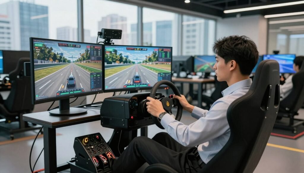 A dynamic sim racing business scene set in a sleek, modern office environment. In the foreground, a person in professional attire is seated at a high-tech racing simulator, concentrating on the race with an intense look of determination. In the middle ground, multiple monitors display racing statistics and graphics, while a racing wheel and pedals shine under soft, focused lighting. In the background, expansive windows reveal a vibrant city skyline, emphasizing a successful business atmosphere. The mood is energetic yet professional, suggesting ambition and innovation in the burgeoning sim racing industry. The lighting is bright but balanced, highlighting the cutting-edge technology and the individual’s focused expression, creating an inspiring setting for exploring profitability in sim racing.