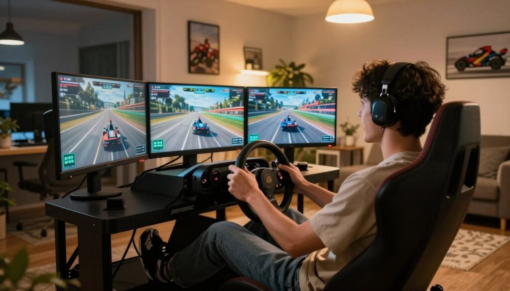 A dynamic sim racing competition setup in a cozy home environment. In the foreground, a sleek racing simulator with a realistic steering wheel and multiple monitors displaying vibrant racing graphics. The middle ground features an enthusiastic player, dressed in casual yet stylish clothing, intensely focused, hands gripping the wheel. The background shows a well-decorated home office, with ambient lighting creating a warm atmosphere, and racing memorabilia adorning the walls. The scene is illuminated by soft overhead lights with a slight glare on the screens, emphasizing the excitement of the competition. The angle captures the player’s concentration, highlighting the immersive experience of sim racing, while ensuring a professional and inviting mood.