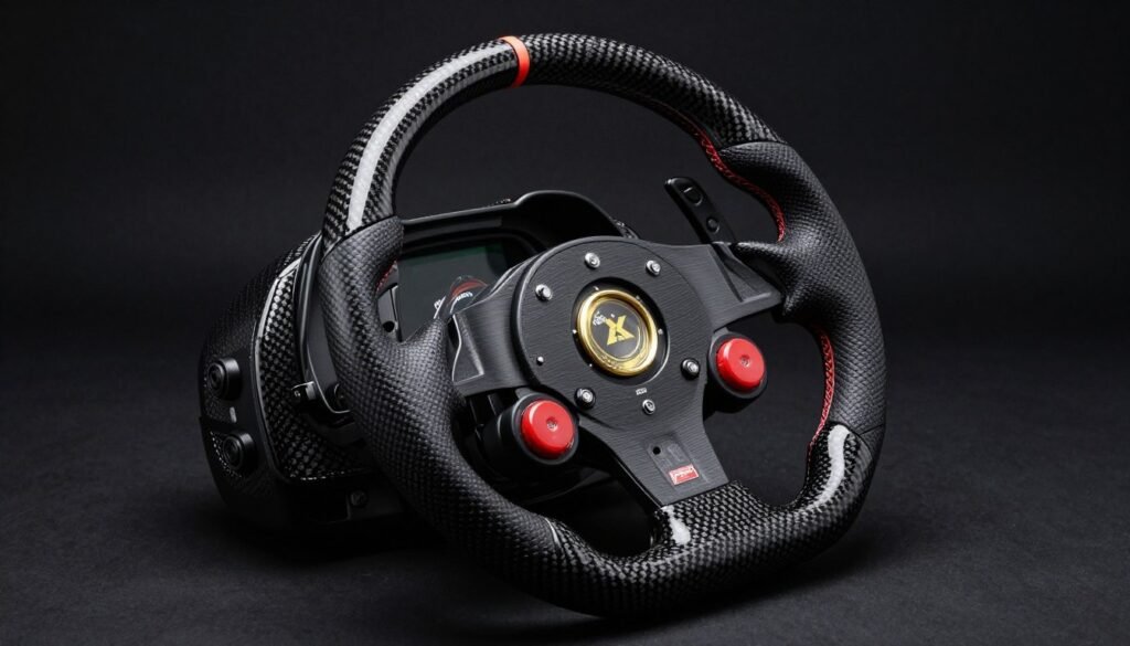 A high-end Fanatec ClubSport Steering Wheel Formula 2.5 on a black background, showcasing intricate carbon fiber textures, bright buttons, and ergonomic grips.