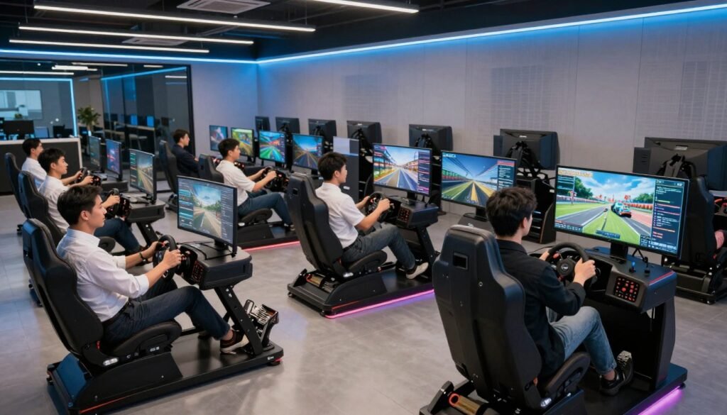 A high-end commercial sim racing center featuring multiple professional-grade simulators with triple-monitor setups, direct-drive wheels, and hydraulic pedals in a sleek, modern neon-lit environment.