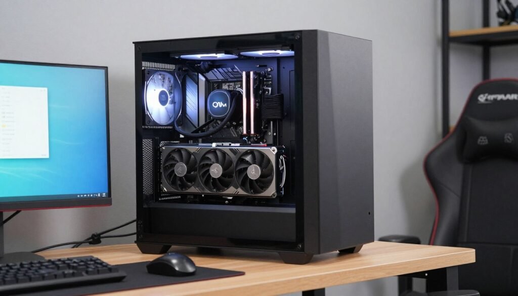 A high-end gaming PC for sim racing with transparent side panel, liquid cooling, and powerful graphics card on a clean desk setup. A high-end gaming PC for sim racing with transparent side panel, liquid cooling, and powerful graphics card on a clean desk setup.