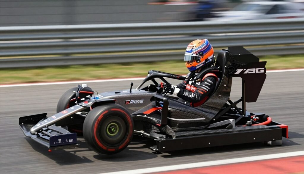 A high-end professional F1 sim racing cockpit integrated with a DOF reality motion platform, showing mechanical actuators under a carbon fiber seat, dynamic motion blur to suggest movement, and a driver in a racing suit.