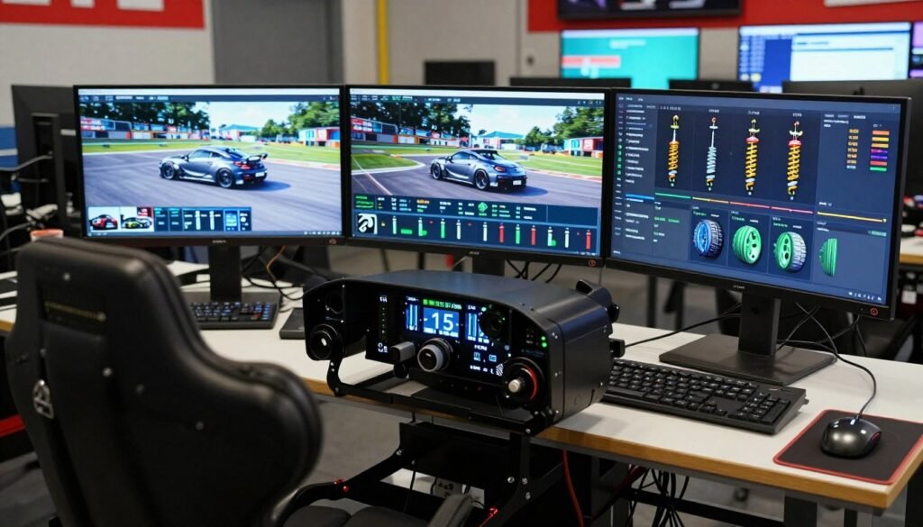 A high-end sim racing cockpit with multiple monitors showing a detailed car tuning menu with sliders for suspension, aerodynamics, and tire pressure adjustments in a bright workshop.