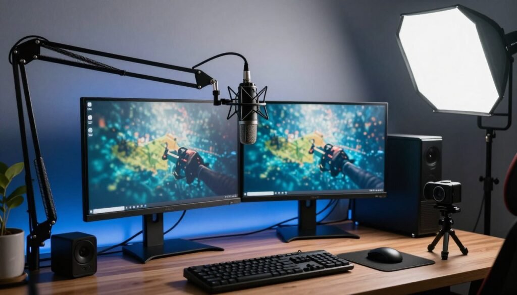 A high-end streaming setup for a sim racer featuring a dual-monitor PC, a professional condenser microphone on a boom arm, a webcam, and softbox lighting in a modern room. A high-end streaming setup for a sim racer featuring a dual-monitor PC, a professional condenser microphone on a boom arm, a webcam, and softbox lighting in a modern room.