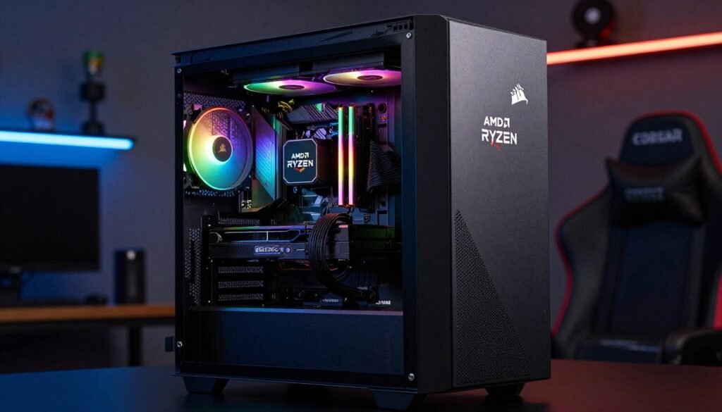 A high-performance CORSAIR VENGEANCE a7500 gaming PC with RGB lighting, showing an AMD Ryzen processor logo, sleek black case, tempered glass side panel, professional gaming setup background, 8k resolution, cinematic lighting.