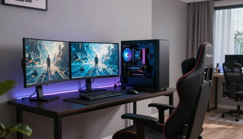 A high-performance gaming PC for sim racing featuring a multi-monitor setup, a sleek dark computer case with RGB lighting, and a professional racing seat in a modern room.