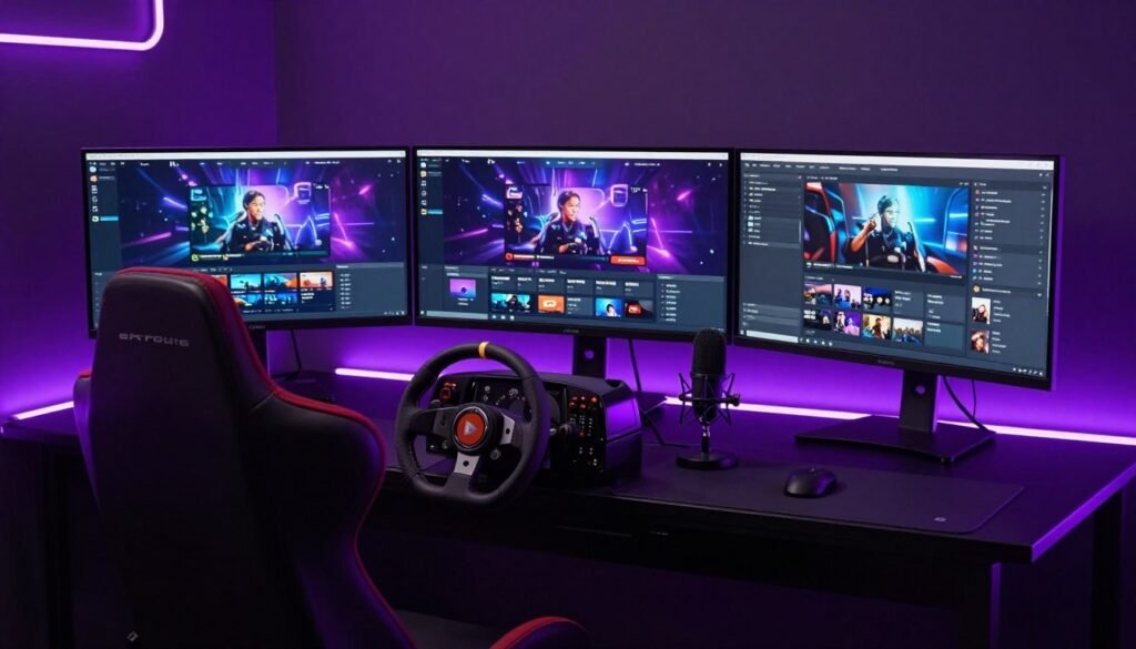 A high-quality cinematic shot of a professional sim racing setup with three curved monitors, a high-end direct drive steering wheel, and a professional podcasting microphone, glowing with purple neon LED lights in a dark room, a YouTube gaming channel dashboard visible on one screen.