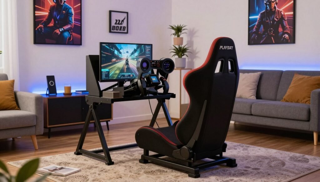 A high-quality mid-range sim racing cockpit setup featuring a Playseat chair and a modern gaming console in a living room.