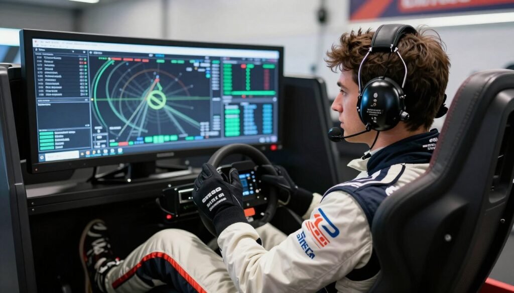A high-quality photo of a driver wearing a professional racing headset and gloves, sitting in a high-tech simulator rig while looking at digital performance charts on a screen.