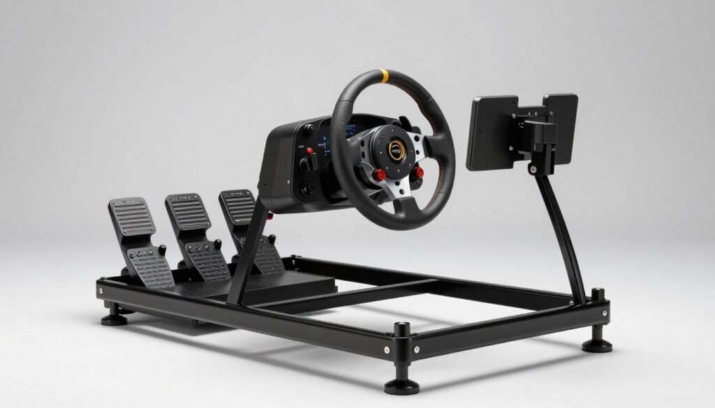 A high-quality sim racing starter equipment bundle featuring a steering wheel, three-pedal set, and a sturdy metal frame on a clean, professional studio background.
